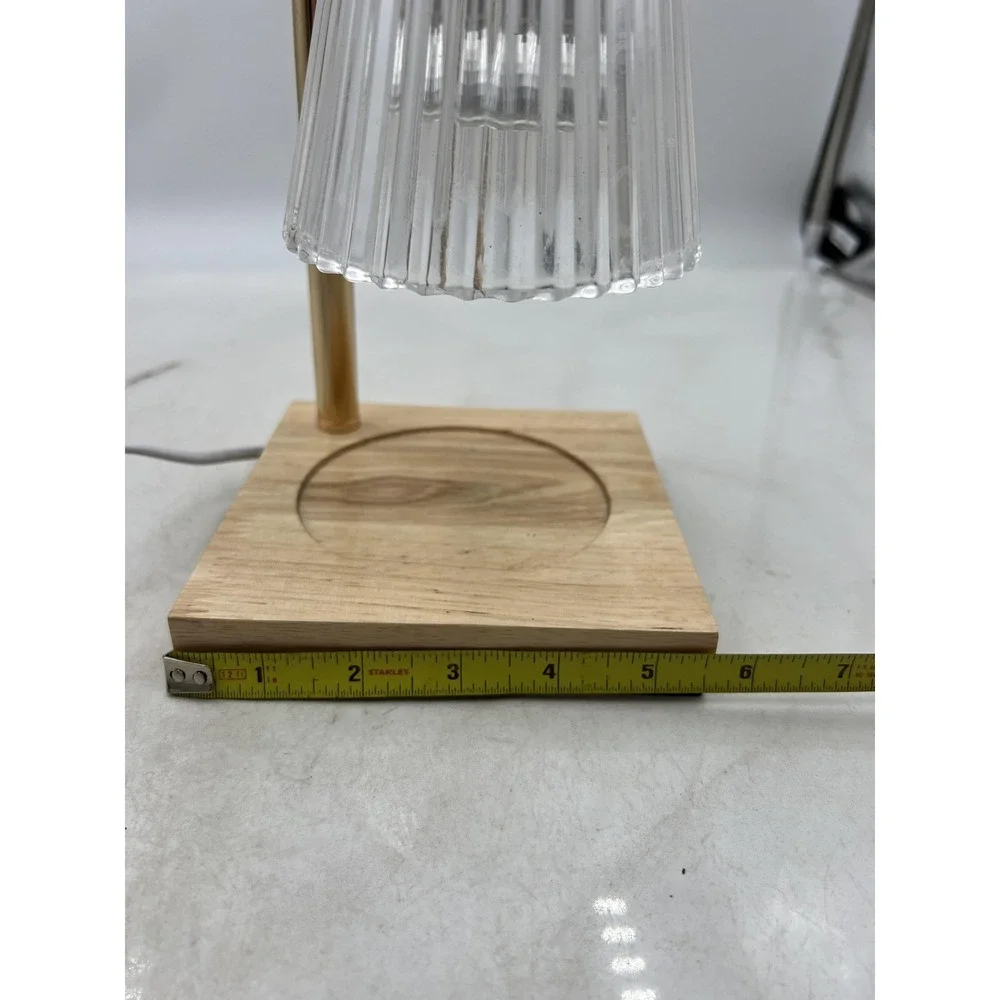 Electric Candle Warmer Lamp Gold Fluted Glass Shade Wood Base Timer Dimmer